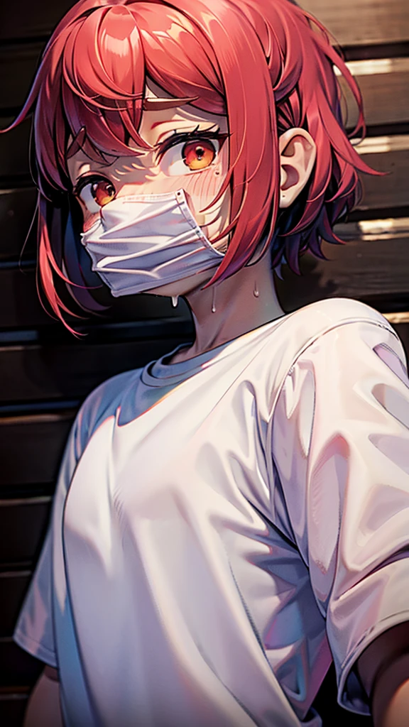 sweat on the face, pleasure. guy, dressed in a white T-shirt, guy, quality, portrait. full face, gagged. Red hair