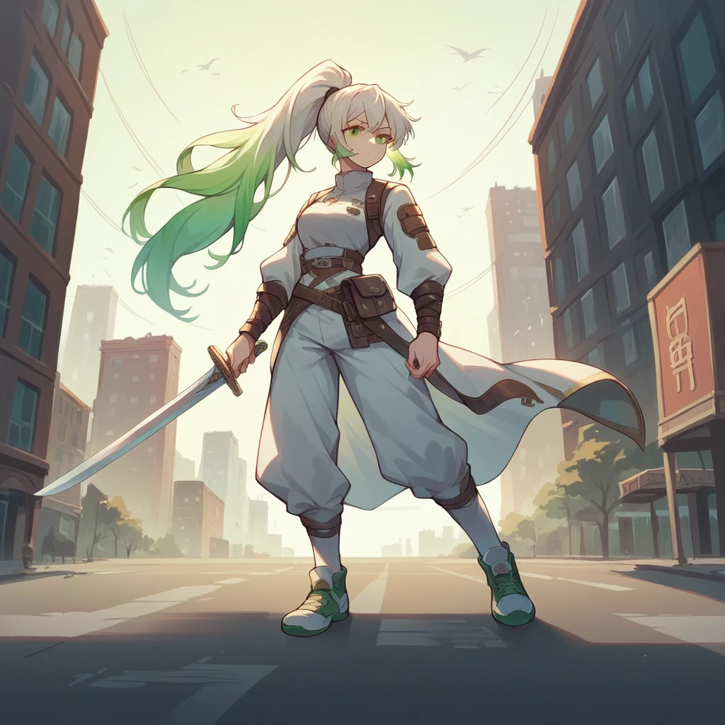 (masterpiece, Highest quality:1.3), One girl, alone，ponytail，Green and white gradient hair，Green Eyes,Adventurer,middle ages,Leather shoes,Background city,Sword in left hand,White clothes,
