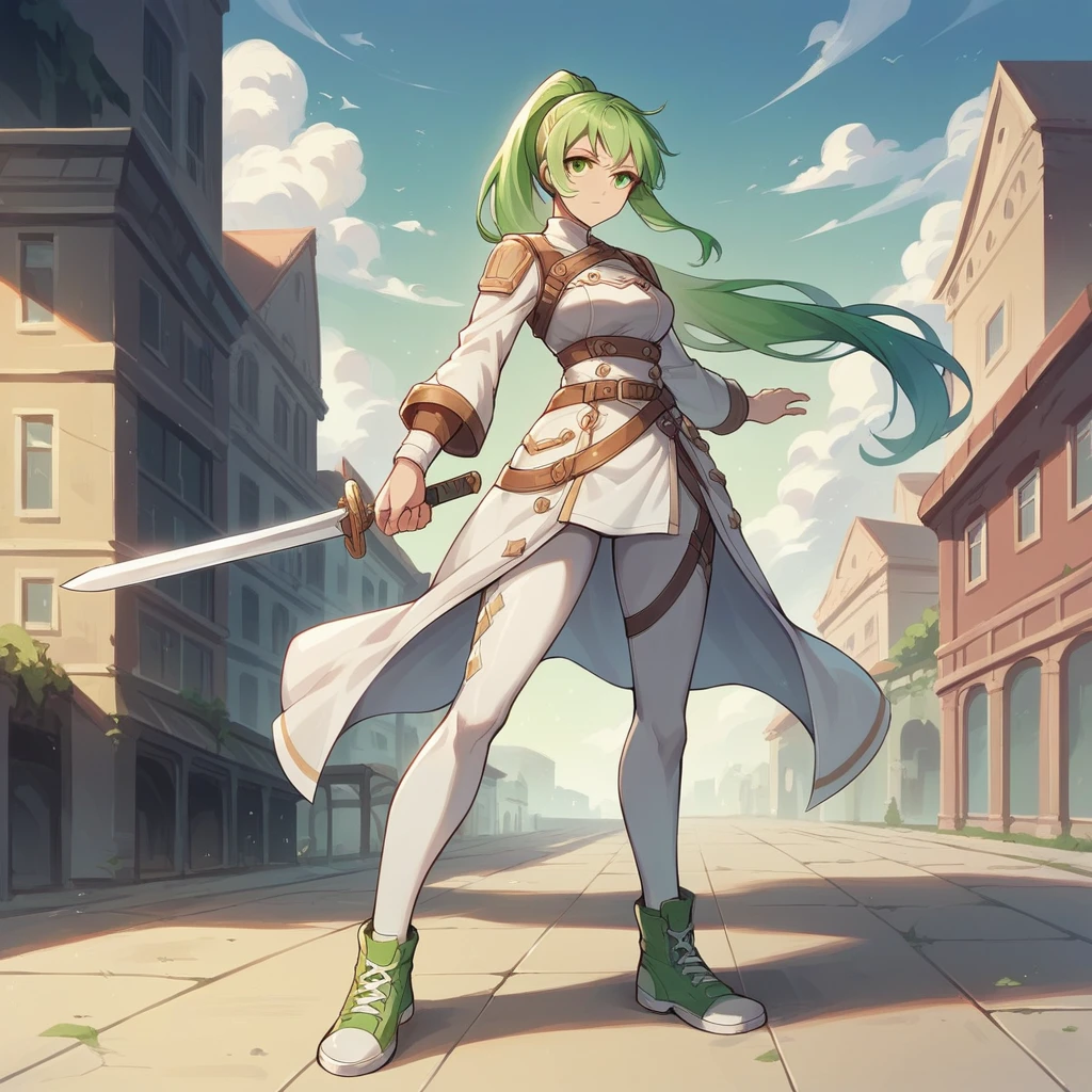 (masterpiece, Highest quality:1.3), One girl, alone,ponytail,Green and white gradient hair,Green Eyes,Adventurer,middle ages,Leather shoes,Background city,Sword in left hand,White clothes,