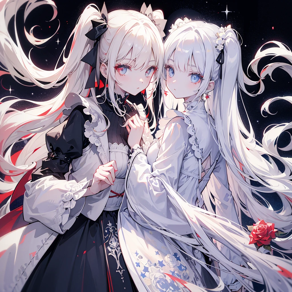 Two girls, red eyes and beige hair, blue eyes and white hair, twin tails, long hair, monochrome gothic fashion, white roses, stars, light, white background,