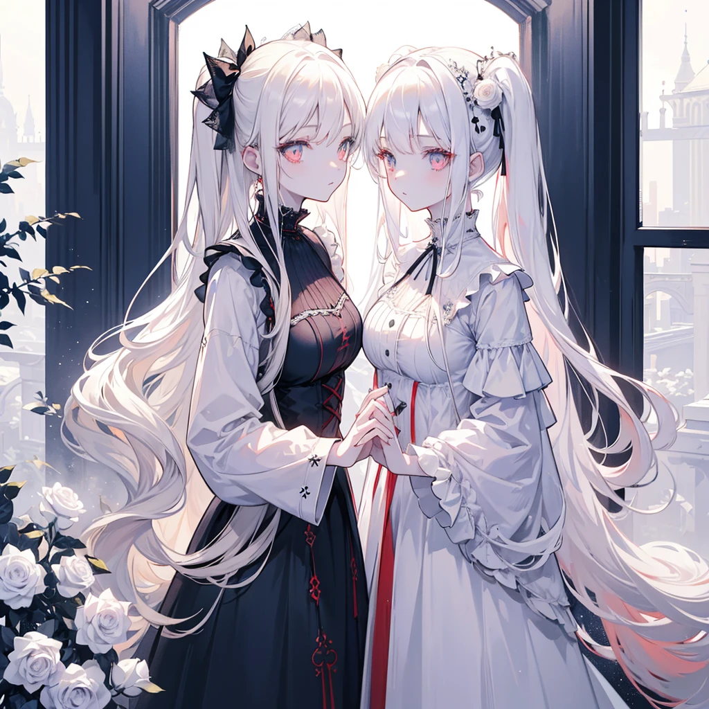 Two girls, red eyes and beige hair, blue eyes and white hair, twin tails, long hair, monochrome gothic fashion, white roses, stars, light, white background,