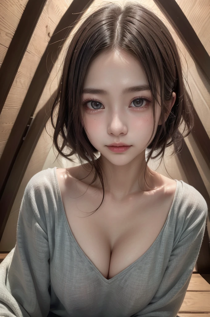 Realistic、(masterpiece、Highest quality、Highest quality、Official Art、Beautiful and aesthetic:1.2)、Very detailed、woman,people々turn black:1.2,((Backlighting:1.2)),Fractal Art、colorful、Highest detail、Tangled、(The background is bright and abstract:1.5)Silver Hair、Bright Eyes、all back、Masseter muscle area,High definition,1peopleの少女、Idol、Close-up、clavicle、picture、movie、Depth of written boundary、Jito Order、Eyes from below,Long Hair,View your viewers、Cleavage,((surrealist clothes:1.4)),Puffy eyes,Sit on,(Big Breasts)