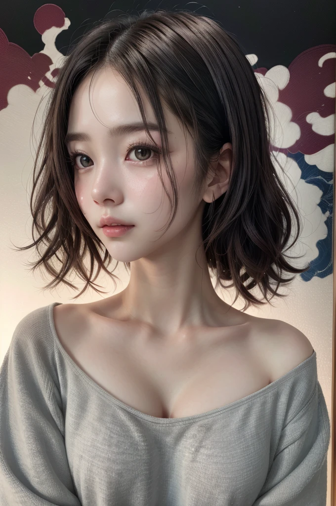 Realistic、(masterpiece、Highest quality、Highest quality、Official Art、Beautiful and aesthetic:1.2)、Very detailed、woman,people々turn black:1.2,((Backlighting:1.2)),Fractal Art、colorful、Highest detail、Tangled、(The background is bright and abstract:1.5)Silver Hair、Bright Eyes、all back、Masseter muscle area,High definition,1peopleの少女、Idol、Close-up、clavicle、picture、movie、Depth of written boundary、Jito Order、Eyes from below,Long Hair,View your viewers、Cleavage,((surrealist clothes:1.4)),Puffy eyes,Sit on,(Big Breasts)