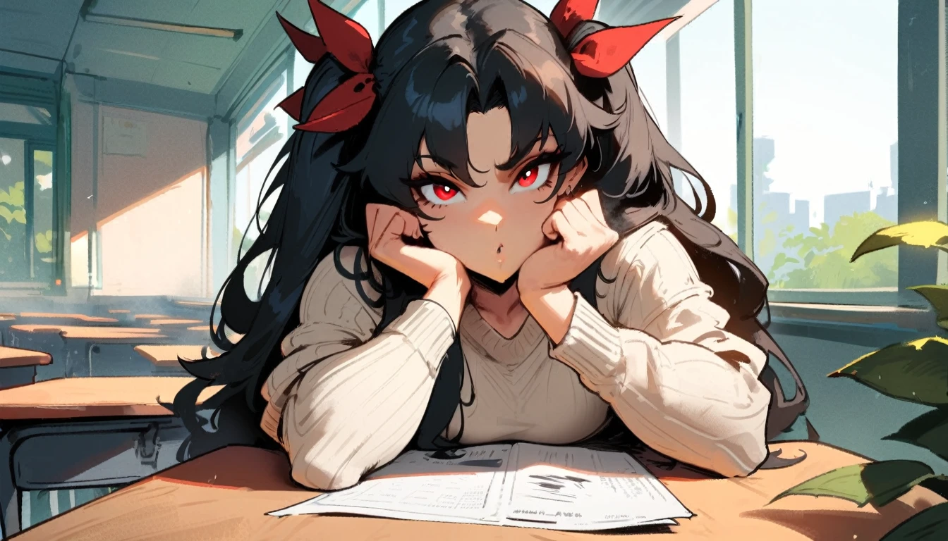 1girl, ishtar \(fate\), fate \(series\) \\\\\ masterpiece, best quality, very aesthetic, absurdres, newest \\\\\\ slim body,///// ,by nyantcha,cutesexyrobutts , by khyle,,////// beautiful face, sexy, red eyes, , at school, windows, greenery, sweater,,at desk, looking at viewer, close-up
