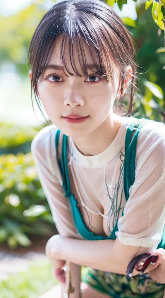 ((((masterpiece, best quality, high resolution)))), Extremely detailed 8K, Beautiful girl with voluptuous body, (Ultra HD, Ultra-detailed, Highly detailed, Highly realistic, Ultra-realistic, photograph realistic), (1girl:1.5), (Realistic white hair), short wavy black hair, bob cut, (dynamic poses), facing at camera, light smile, purple eyes, average breasts, (beautiful detailed face, beautiful detailed eyes), (white tank top, thin material), cleavage, dark jean shorts, glow, sweat, (sunbeam, sunlight)、Fishnet tights