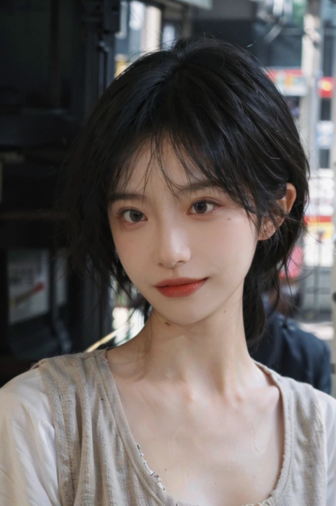 (Skin details:1.4), (smooth skin textures:1.3), Lipstick, background, Direct vision, earrings, serene, calm, (Realistic and detailed eyes:1.2), Natural skin texture, Realistic facial details, Soft dramatic lighting, Vivid details, 35 mm film, outdoor, (Photo Practical:1.4), (hyper Practical:1.4), (Practical:1.3), (Smoother lighting:1.05), (Improve lighting quality:0.9), (Highest quality real skin textures:1.4), Exquisite eyes, Delicate face, Close-up of face, (Enhance the beauty of skin texture:1.1), Hair details, Vest,normal body ratio, short hair, Moles under the eyes, thinking, A faint smile,公园background,Portrait Photography, Depth of Field, Bokeh, Surrealism, Ray Tracing, (Portrait Photography:1.1), Surrealism, High Detail, Chiaroscuro, Ray Tracing, reflected light, Ultra HD, Ultra HD, masterpiece, Textured Skin, Super Detail, High Detail, high quality, best quality