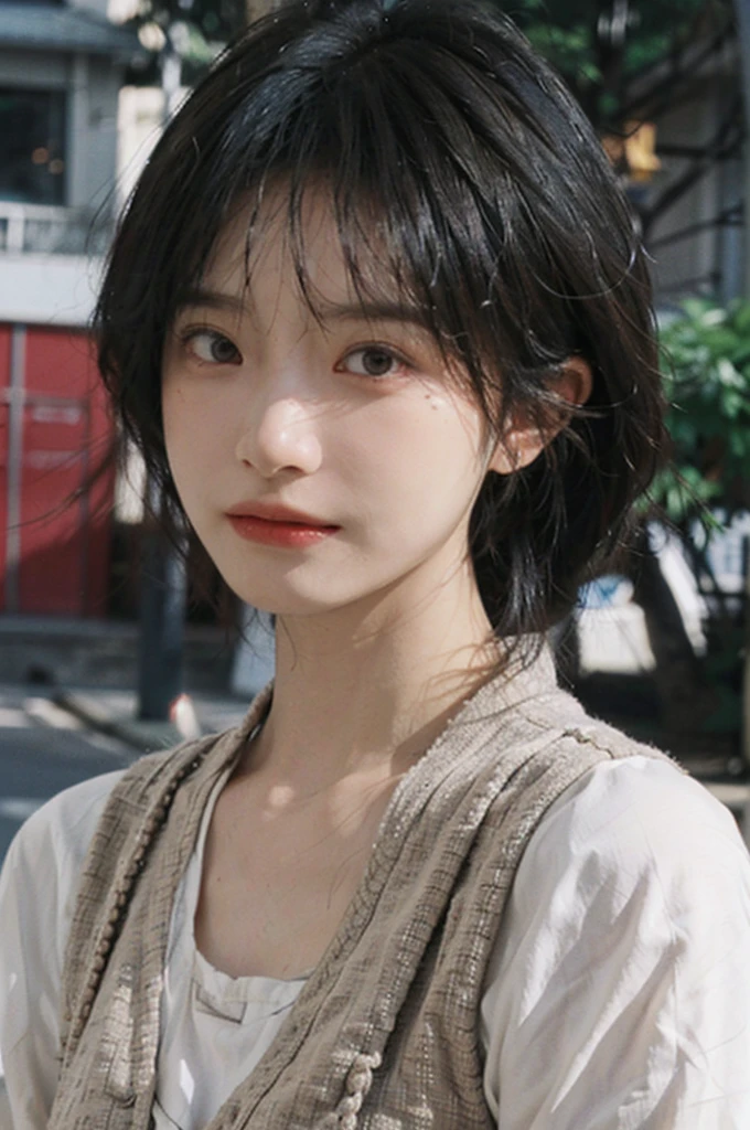 (Skin details:1.4), (smooth skin textures:1.3), Lipstick, background, Direct vision, earrings, serene, calm, (Realistic and detailed eyes：1.2）, Natural skin texture, Realistic facial details, Soft dramatic lighting, Vivid details, 35 mm film, outdoor, (Photo Practical:1.4), (hyper Practical:1.4), (Practical:1.3), (Smoother lighting:1.05), (Improve lighting quality:0.9), (Highest quality real skin textures:1.4), Exquisite eyes, Delicate face, Close-up of face, (Enhance the beauty of skin texture:1.1), Hair details,  Vest，normal body ratio, short hair, Moles under the eyes, thinking, A faint smile,公园background，Portrait Photography, Depth of Field, Bokeh, Surrealism, Ray Tracing, (Portrait Photography:1.1), Surrealism, High Detail, Chiaroscuro, Ray Tracing, reflected light, Ultra HD, Ultra HD, masterpiece, Textured Skin, Super Detail, High Detail, high quality, best quality