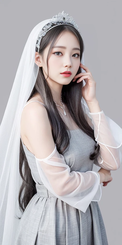 Veil on head, gray veil, white hair, gray white, Guvez art style, arrogant and indifferent girl, half-squinted, white eyeballs, white eyes, national style, gray-white