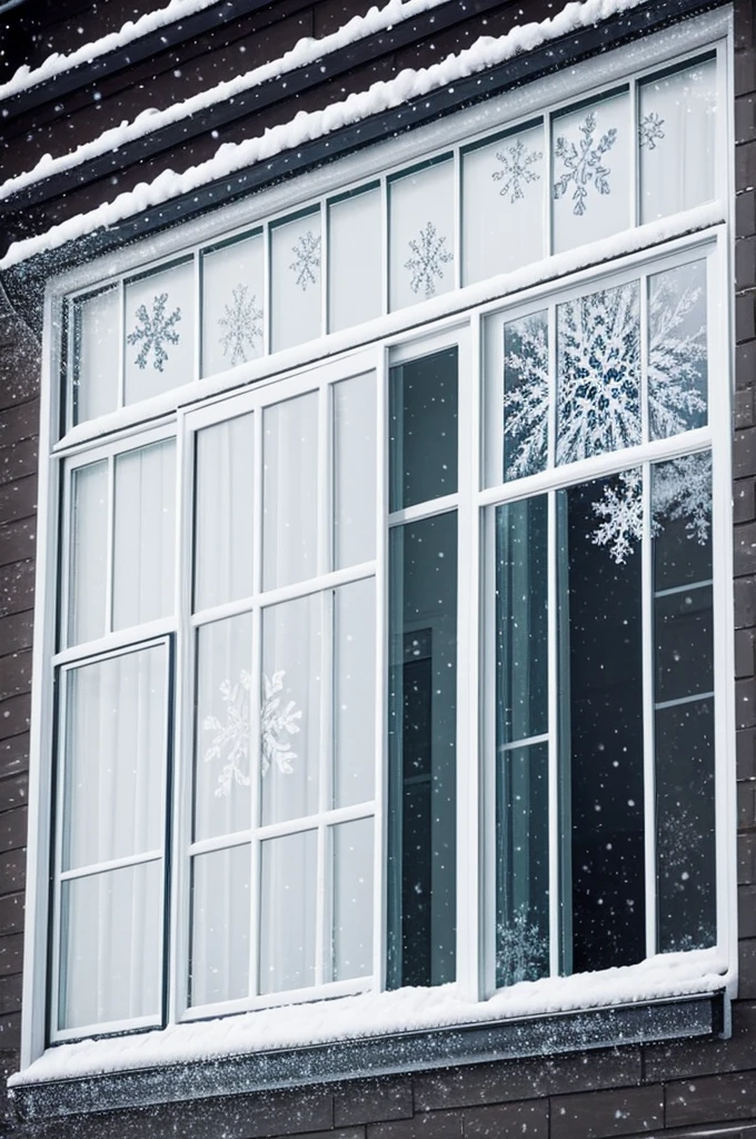 White windows and falling snowflake 