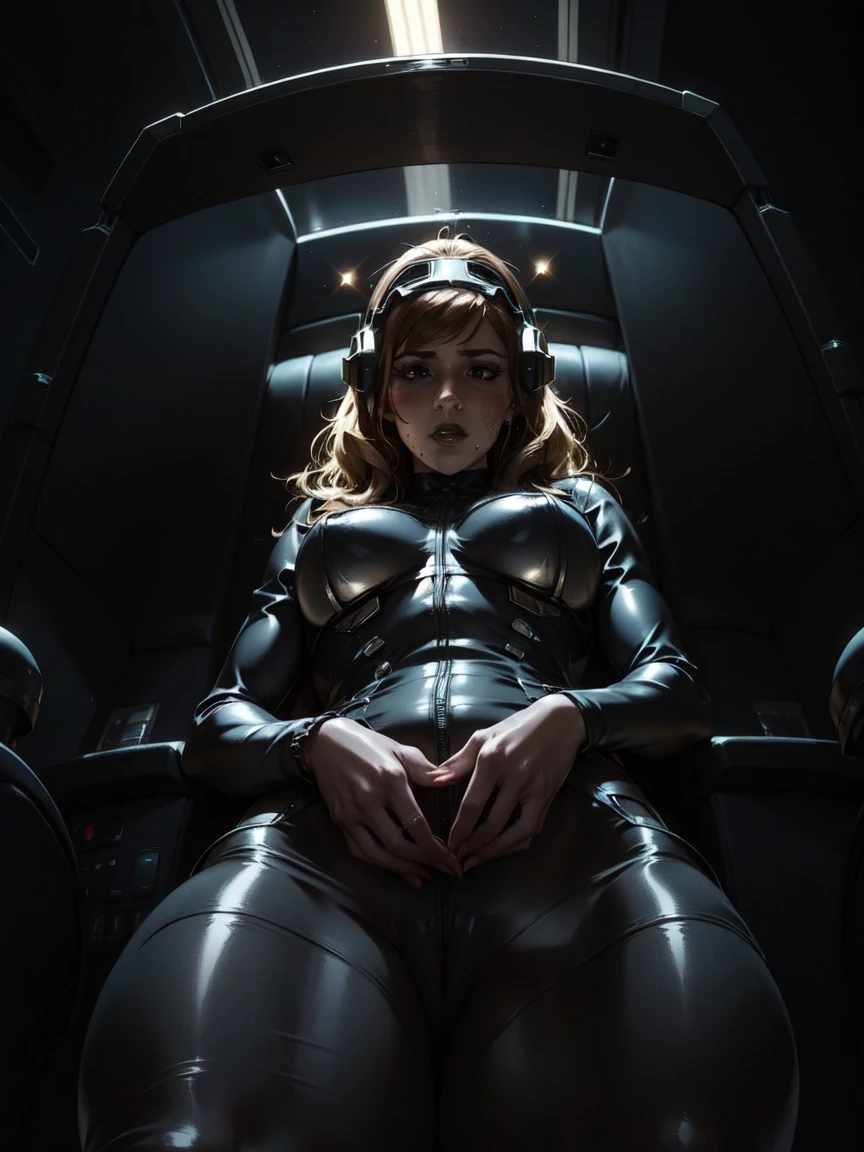 ((gothic vampire piloting in gothic spacecraft)), (((retro anime))), ((from below)), (120 fov), ((((gothic control panels)))), ((mature)), ((vampiric)), (iridescent bodysuit), lace accessories, ((pilot seat)), ((((lying back)) pose)), ((elegant)), (((serious tone))), futuristic, ((cockpit top control panel)), (dark background), intricate control panel details, 1990s (style), [blushing], sweat, masterpiece, ((claustrophobic)), sparkles, limited colors, best quality, screens, ((pilot helmet)), ((hands on controls))