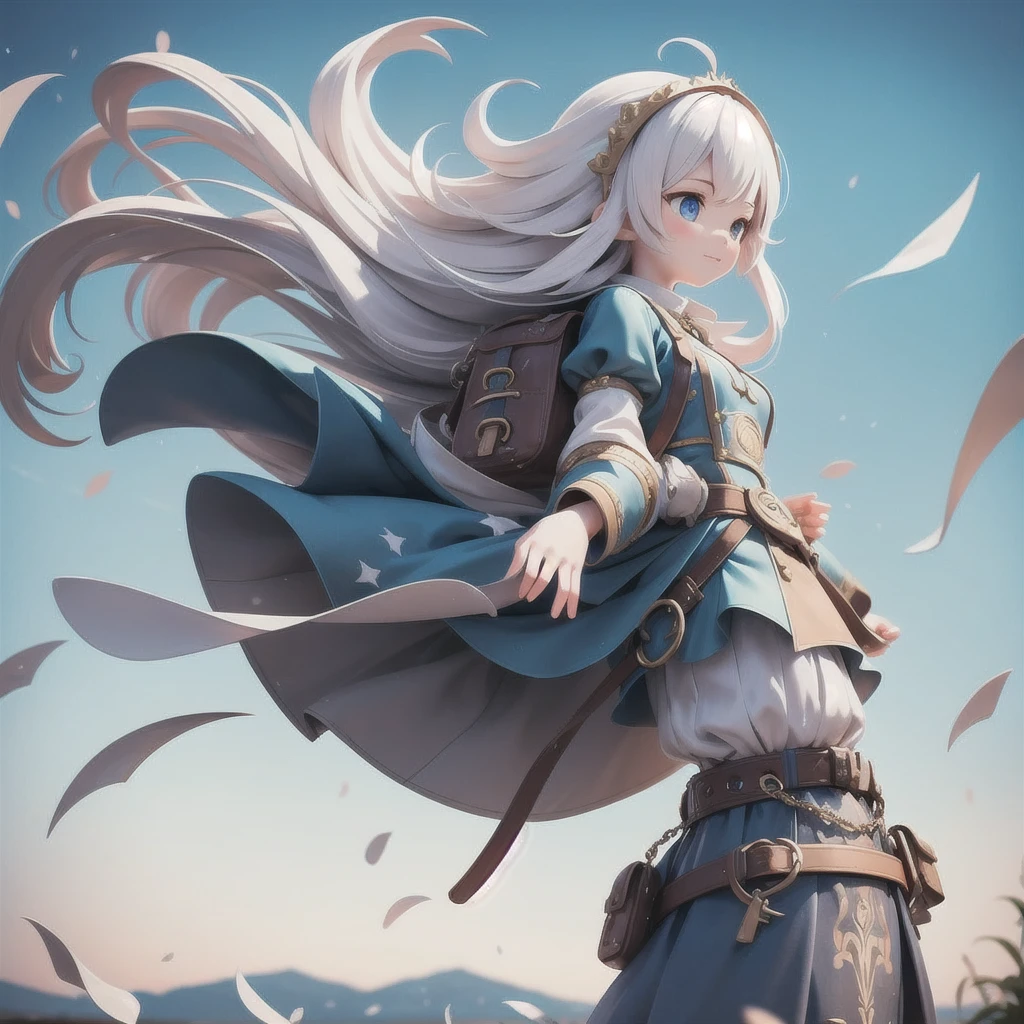 Girl 、Medieval dress with panniers、Fabric Realism、Low - Angle、I can see the drawers、Pull up the hem of your dress with your hands、Strong winds、blue sky