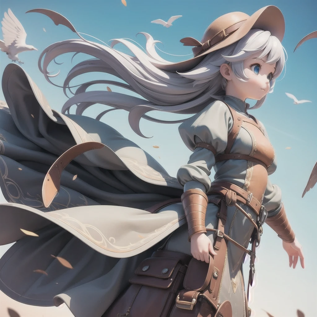 Girl 、Medieval dress with panniers、Fabric Realism、Low - Angle、I can see the drawers、Pull up the hem of your dress with your hands、Strong winds、blue sky