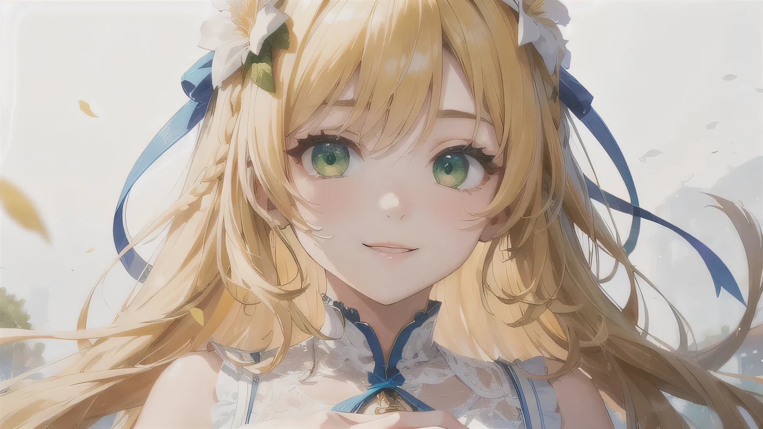 Yellow Hair、Wavy Hair、Braid、One Girl,20-year-old,Beautiful Face,Upper Body、Sharp focus,White Dress、A kind smile、Green Eyes、White clothes、Flower Hair Ornaments