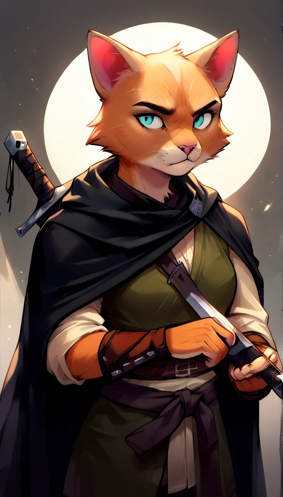 score_9, score_8_up, score_7_up, (clear simple background, white background, papyrus background),
 ((tabaxi), anthro, solo, female, (portrait), (focus), (holding, assassin, rogue), ((wearing dark robe, cape)), (cat fur)), beautiful