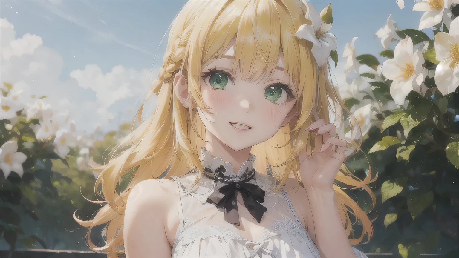 Yellow Hair、Wavy Hair、Braid、One Girl,20-year-old,Beautiful Face,Upper Body、Sharp focus,White Dress、A kind smile、Green Eyes、White clothes、Flower Hair Ornaments