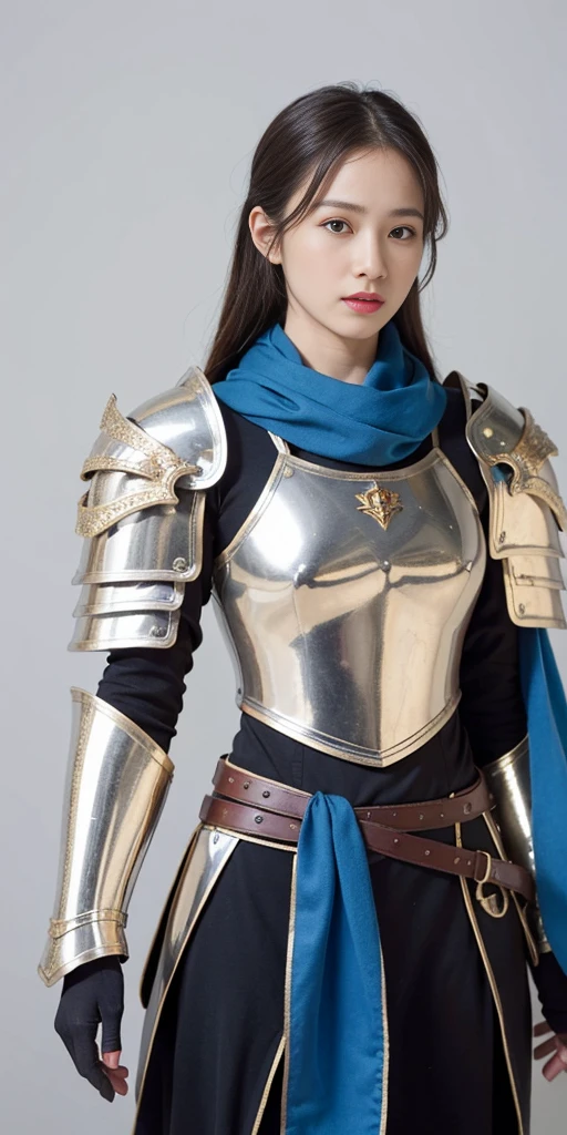 Masterpiece, absurdres, fine detail, HDR,highly detailed armor with gold plating, shiny armor, photorealistic,PLD_armor, a female knight in armor, wearing PLD_armor, blue scarf