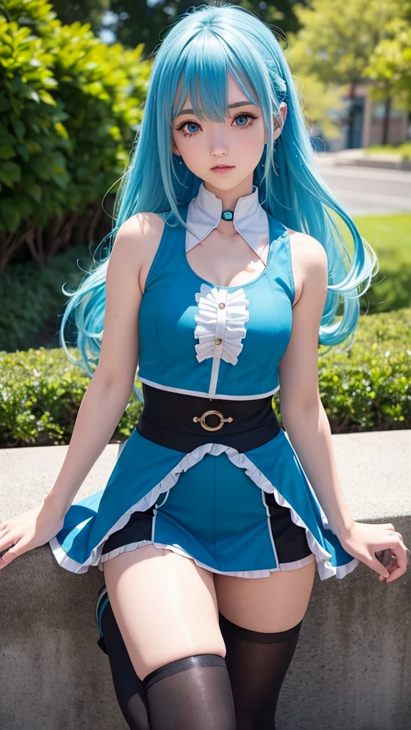 full body length, aesthetic anatomy, 1cute girl wears Aqua outfit from KonoSuba's anime, long blue hair, blue eyes, tight sleeveless dark blue vest, swipe dark blue skirt, hightights dark blue boots, dynamic angle, highly detailed, natural details, masterpiece, 4K quality, 8k resolution 
