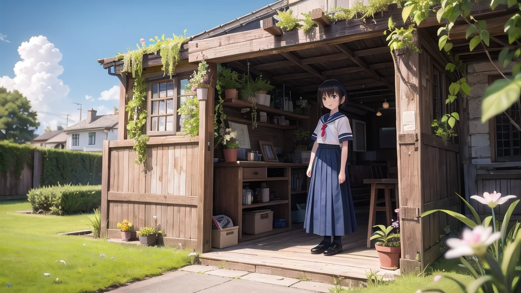 (masterpiece), town, blue sky, One Girl, smile, alone, Sailor suit、Long skirt, Overgrown, petal, plant、Skirt lining、Translucent slip、Nostalgic