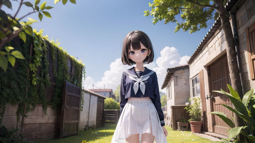 (masterpiece), town, blue sky, One Girl, smile, alone, Sailor suit、Long skirt, Overgrown, petal, plant、Skirt lining、Translucent slip、Nostalgic