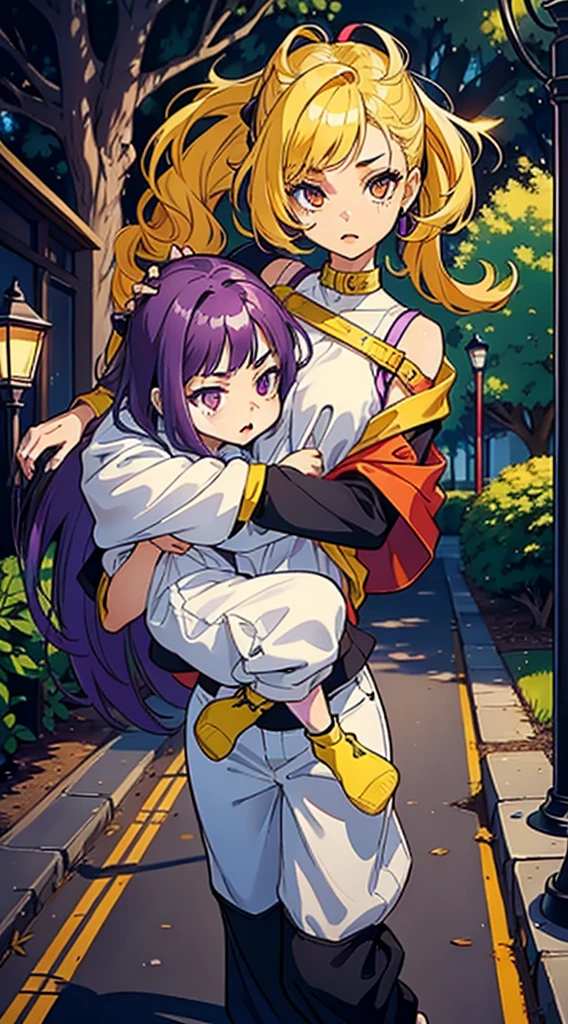17 year old light skinned girl with long dark purple hair bright purple eyes wearing a black top and white pants carrying in her arms a small 5 year old light skinned girl with yellow hair and bright golden eyes wearing an adorable red dress them they are in a park