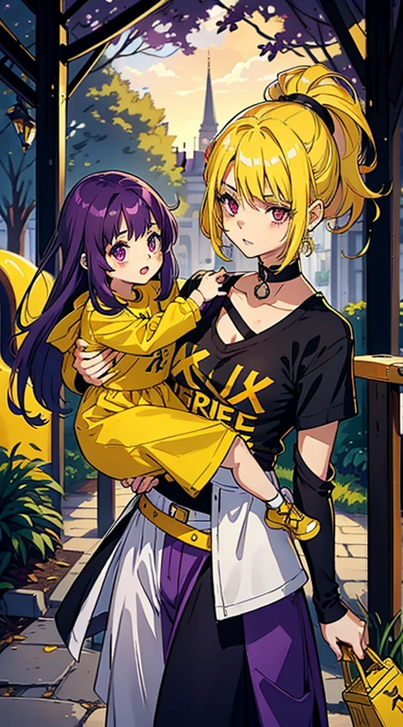 17 year old light skinned girl with long dark purple hair bright purple eyes wearing a black top and white pants carrying in her arms a small 5 year old light skinned girl with yellow hair and bright golden eyes wearing an adorable red dress them they are in a park