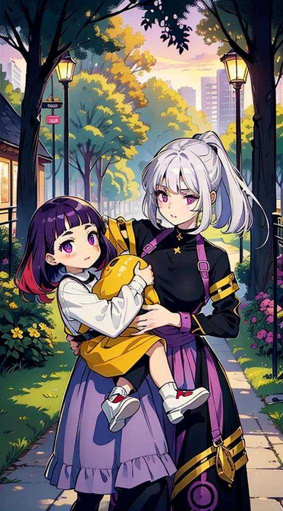 17 year old light skinned girl with long dark purple hair bright purple eyes wearing a black top and white pants carrying in her arms a small 5 year old light skinned girl with yellow hair and bright golden eyes wearing an adorable red dress them they are in a park