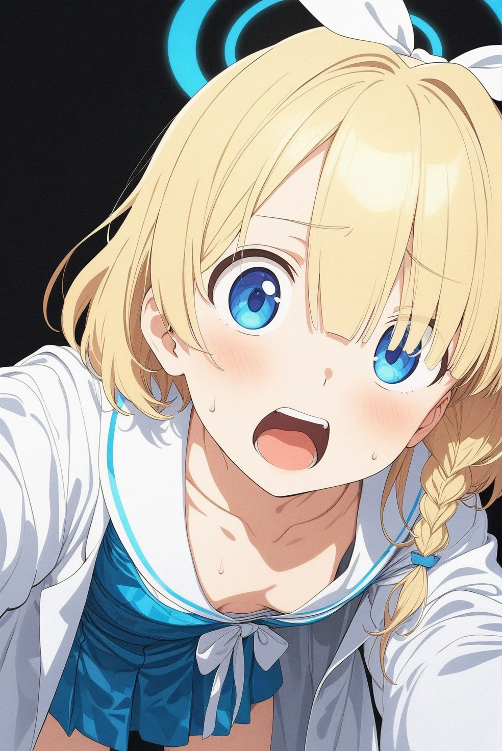 best quality, amazing quality, very aesthetic, absurdres, 1girl,arona (blue archive), blue archive, blue eyes, (artist official art:1.5), (realistic face:0.65), blush, breasts_apart, (loop writing:1.5), small breasts, orange color light, collarbone, commentary_request, cowboy_shot, downblouse, dress_shirt, green_skirt, hair_intakes, hanging_breasts, highres, lab_coat, leaning_forward, long_sleeves, looking_at_viewer, open_coat, open_mouth, sleeves_past_wrists, solo, white_background, white_shirt, nsfw, concept art, expressive eyes, perfect face, 4k, extremely detailed anime illustration, extremely detailed eyes, enhanced details, perfect anatomy, light rays, photo background, extremely delicate body, smooth skin, feminine expression, black background, cristal clear eyes, beautiful face