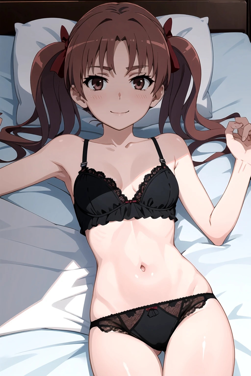 [[anime styled]],(((pixel-perfect, detail-perfect))), solo, 1girl, shirai kuroko,twintails, brown hair, small breasts, at viewer, smile, ,NSFW,1girl in,(lying),(cowboy shot),short torso,anime screen cap,Flat color,cel shading,blush,seductive smile,(strong light),((brighten the subject)),[black lace panties],[black lace bra],(lingerie),[perfect anatomy], break background bedroom,bed