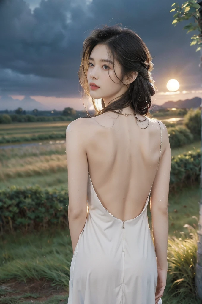 (((best quality))),(((ultra detailed))),(((masterpiece))),illustration,((1 beautiful girl,solo)),((slim,thin)),(shoulder length straight bob hair:1.2),flowing hair,fair skin,(shiny skin:1.3),detailed eyes,laughing,(shirt-dress:1.3),delicate necklace,grass,dewdropletts,trees,bird chirping,serenity,gratitude,awe,wonders of nature,peace,contentment,magnificent world,summer,(pitch-dark dawn:1.5),(night scene:1.3),((upper body,from back)),after rain,(wet:1.3),standing,on the path,At the mountaintop,confident gaze,elegant posture,mysterious atmosphere,solemn mood,dawn approaching,detailed decorations,(sunrise:1.3),(cloudy sky:1.2),rainbow,(Rural Landscape:1.2),horizon,bare back,towering hips,butt crack