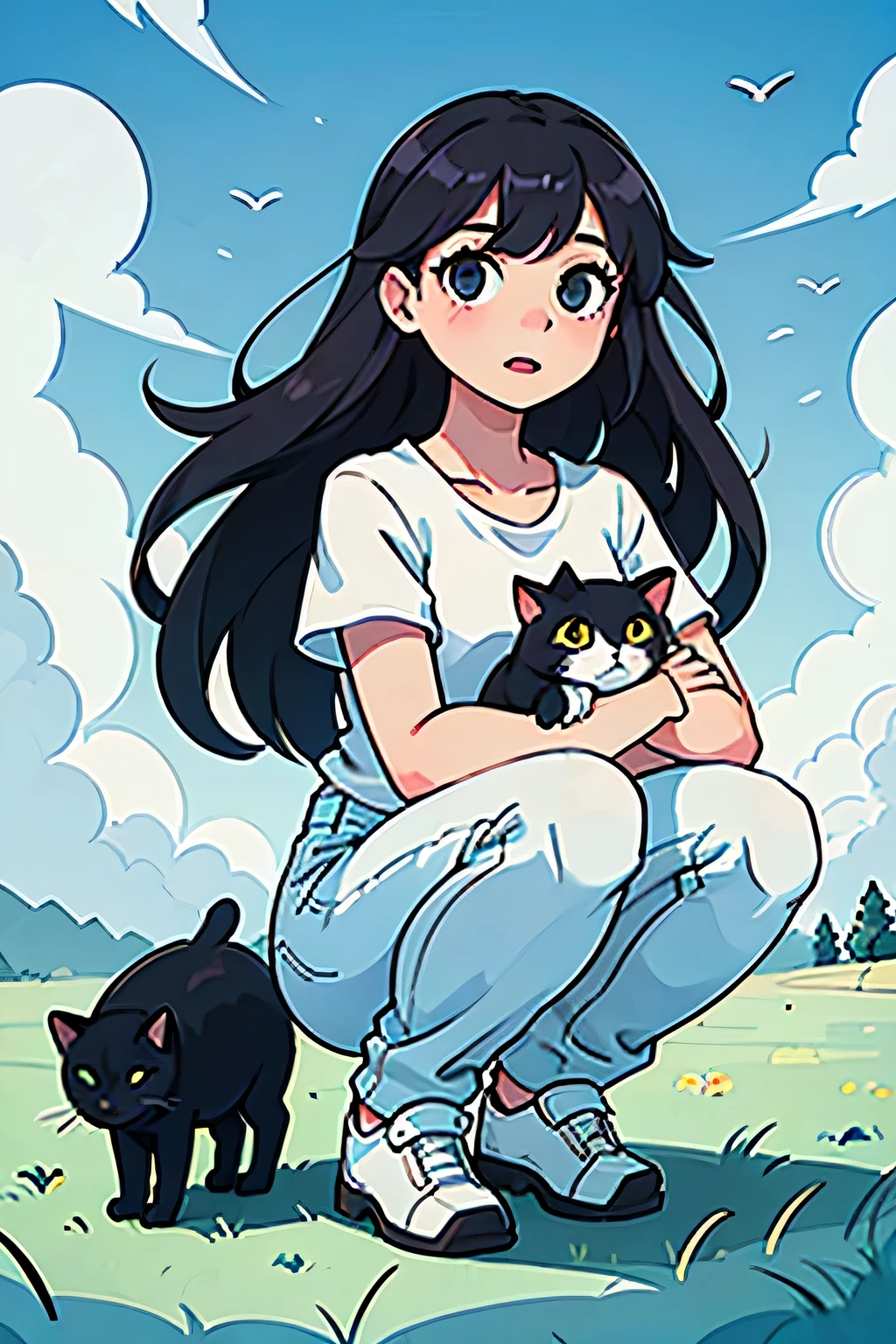 A girl with long black hair，Wearing a white T-shirt，Blue Jeans。Squat，Look at the cat，grassland，There are a few cats at my feet，Blue sky and white clouds：1.8。Full body display，Masterpiece，masterpiece
