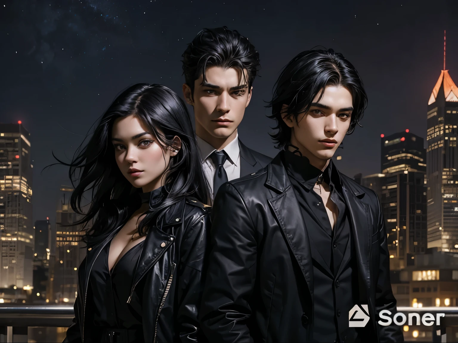 Two beautiful men and women who are about to teleport. He wears modern clothes. Bblack hair. The time is night. The location is the city.
