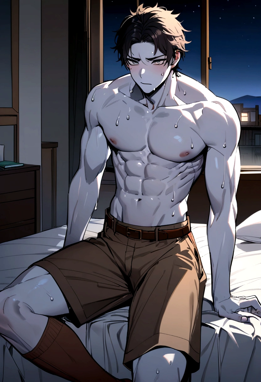 korean men,Age 15,Six pack,sweat,white skin,Brown shorts,brown belt,brown socks,bedroom,nighttime