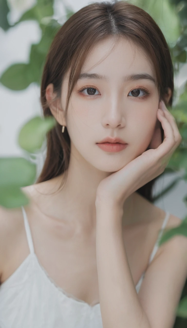 xxmixgirl, Analog Style, Eye focus, Highest quality, (Very detailed skin), Exquisitely beautiful white skin photos, 24-years-old, Perfect Face, Captivating eyes, (Seductive makeup: 1.3), Skin pores, (Bokeh:1.5), Sharp focus, Dappled Lighting, (Backlight), Film Grain, (Very detailed, Exquisitely crafted), 8K, High resolution, Front view, Studio Light, Very detailed顔, Fine grain, (double eyelid: 1.4), Aristogle, Brown eyes, (commercial: 1.6), (Natural Makeup), ((White studio background: 2))、Summery white fashion