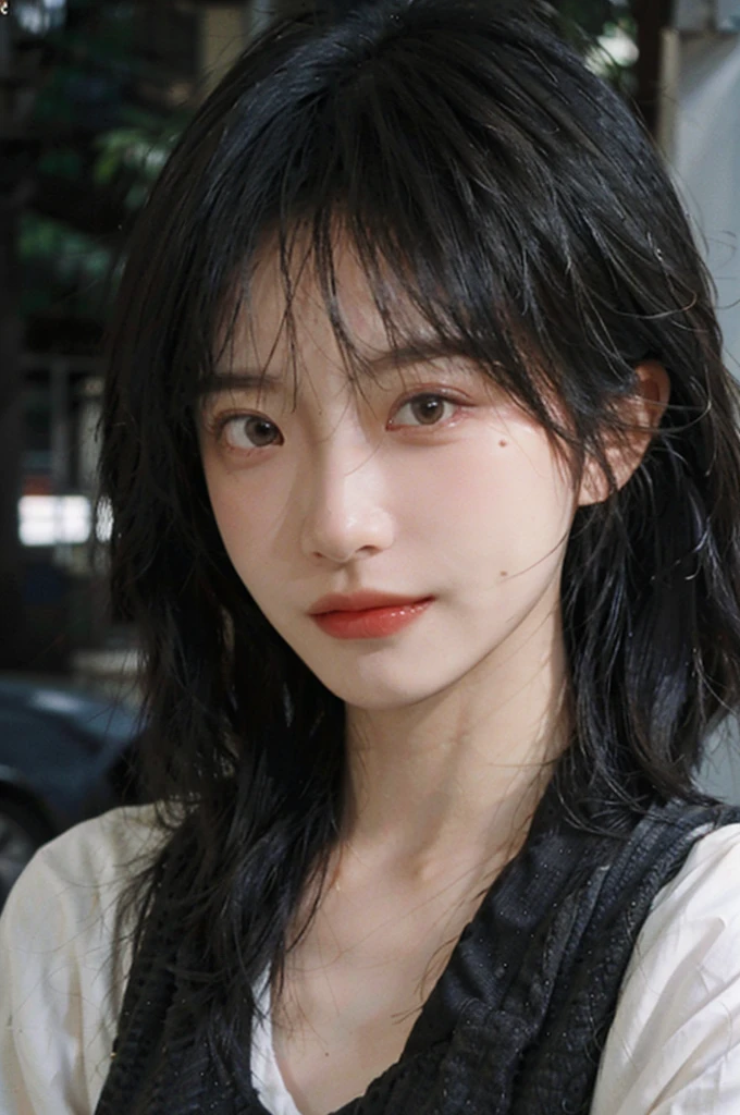 (Skin details:1.4), (smooth skin textures:1.3), Lipstick, background, Direct vision, earrings, serene, calm, (Realistic and detailed eyes：1.2）, Natural skin texture, Realistic facial details, Soft dramatic lighting, Vivid details, 35 mm film, outdoor, (Photo Practical:1.4), (hyper Practical:1.4), (Practical:1.3), (Smoother lighting:1.05), (Improve lighting quality:0.9), (Highest quality real skin textures:1.4), Exquisite eyes, Delicate face, Close-up of face, (Enhance the beauty of skin texture:1.1), Hair details, Vest，normal body ratio, short hair, Moles under the eyes, thinking, A faint smile,公园background，Portrait Photography, Depth of Field, Bokeh, Surrealism, Ray Tracing, (Portrait Photography:1.1), Surrealism, High Detail, Chiaroscuro, Ray Tracing, reflected light, Ultra HD, Ultra HD, masterpiece, Textured Skin, Super Detail, High Detail, high quality, best quality