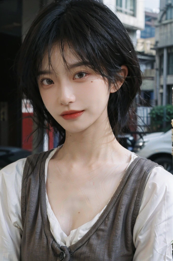 (Skin details:1.4), (smooth skin textures:1.3), Lipstick, background, Direct vision, earrings, serene, calm, (Realistic and detailed eyes:1.2), Natural skin texture, Realistic facial details, Soft dramatic lighting, Vivid details, 35 mm film, outdoor, (Photo Practical:1.4), (hyper Practical:1.4), (Practical:1.3), (Smoother lighting:1.05), (Improve lighting quality:0.9), (Highest quality real skin textures:1.4), Exquisite eyes, Delicate face, Close-up of face, (Enhance the beauty of skin texture:1.1), Hair details, Vest,normal body ratio, short hair, Moles under the eyes, thinking, A faint smile,公园background,Portrait Photography, Depth of Field, Bokeh, Surrealism, Ray Tracing, (Portrait Photography:1.1), Surrealism, High Detail, Chiaroscuro, Ray Tracing, reflected light, Ultra HD, Ultra HD, masterpiece, Textured Skin, Super Detail, High Detail, high quality, best quality
