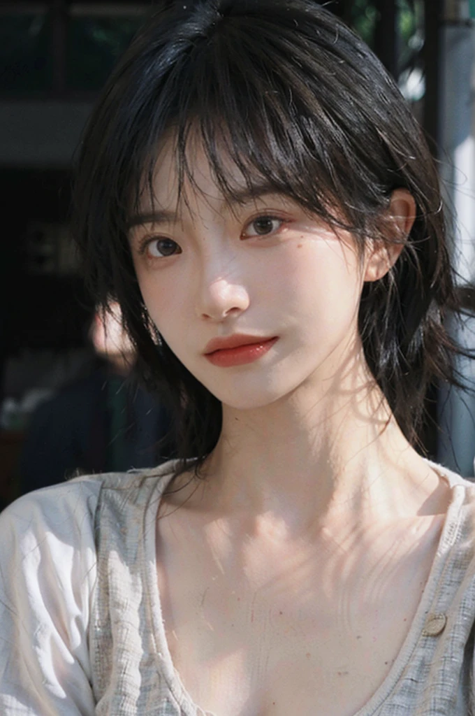 (Skin details:1.4), (smooth skin textures:1.3), Lipstick, background, Direct vision, earrings, serene, calm, (Realistic and detailed eyes:1.2), Natural skin texture, Realistic facial details, Soft dramatic lighting, Vivid details, 35 mm film, outdoor, (Photo Practical:1.4), (hyper Practical:1.4), (Practical:1.3), (Smoother lighting:1.05), (Improve lighting quality:0.9), (Highest quality real skin textures:1.4), Exquisite eyes, Delicate face, Close-up of face, (Enhance the beauty of skin texture:1.1), Hair details, Vest,normal body ratio, short hair, Moles under the eyes, thinking, A faint smile,公园background,Portrait Photography, Depth of Field, Bokeh, Surrealism, Ray Tracing, (Portrait Photography:1.1), Surrealism, High Detail, Chiaroscuro, Ray Tracing, reflected light, Ultra HD, Ultra HD, masterpiece, Textured Skin, Super Detail, High Detail, high quality, best quality