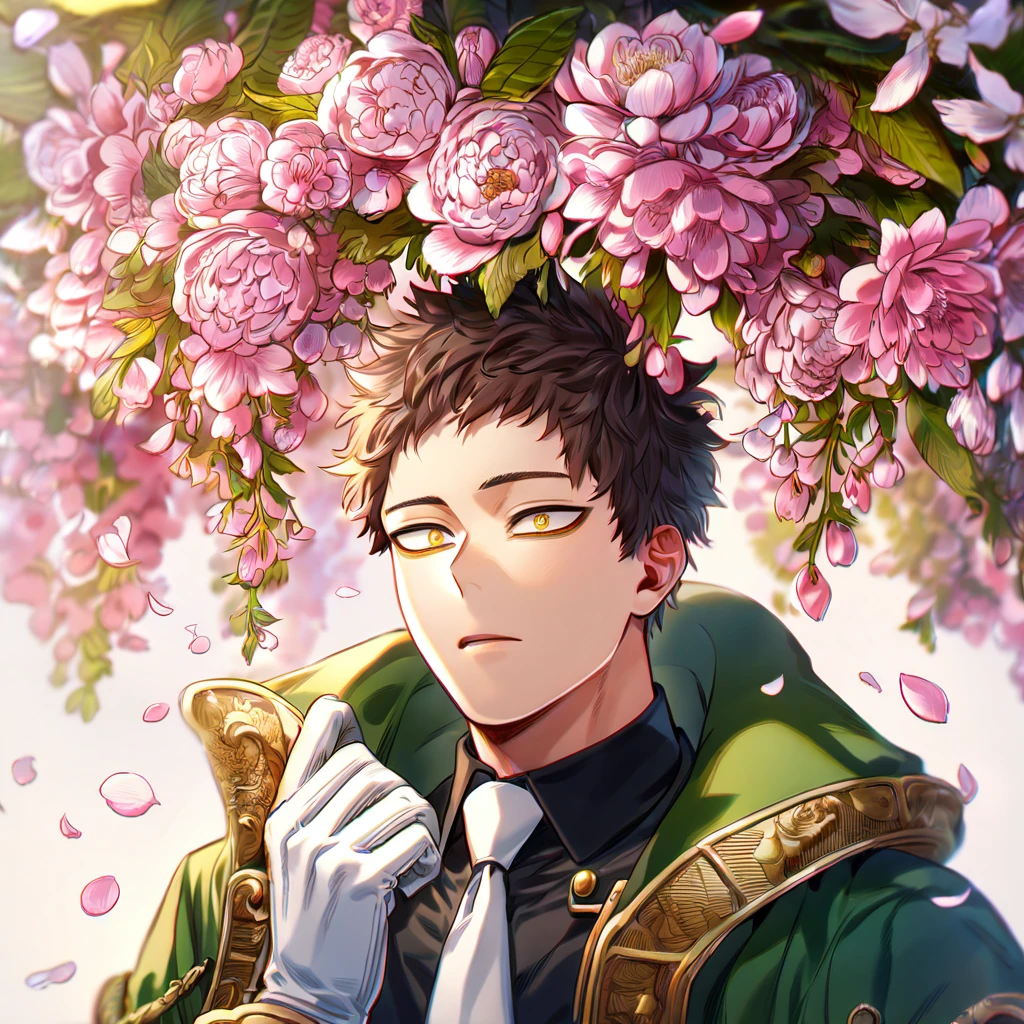 absurdres, highres, ultra detailed, HDR, master piece, best quality, delicated features, Overhaul, dark brown hair, short hair, short bangs, expressive golden eyes, boku no hero academia, green coat with fur, black shirt, white necktie, white gloves, sexy man, handsome, blossoms, pink petals, pink flowers, fantasy, magical,