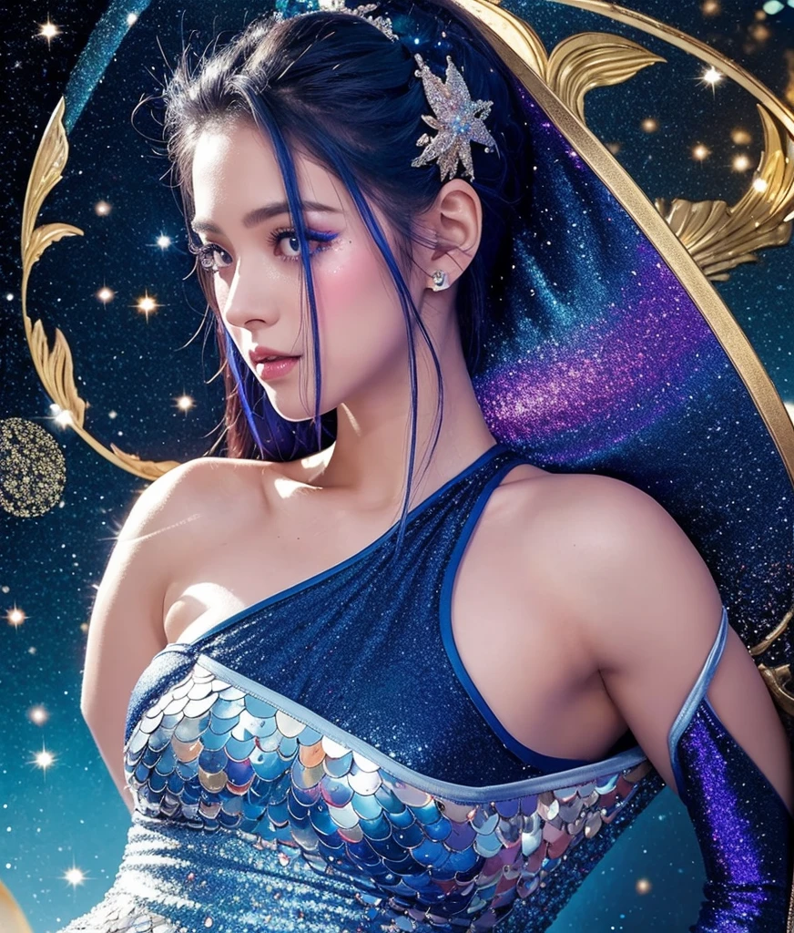 BREAK (deep-blue glitter galaxy pattern:1.4), ((closed-fitting, mermaid-line):1.3), (tight sleeveless one-piece full-length long dress with glitter galaxy pattern print:1.4), (one shoulder:1.5), (high heels:1.2),