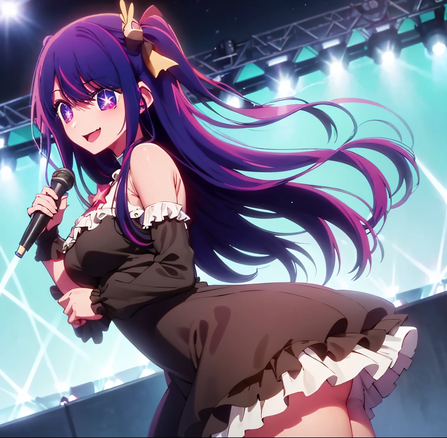 1 girl, alone, Ai Hoshino, Masterpiece, highly detailed, (1 girl in: 1.2), ultra detailed, sharp focus, detailed eyes, curvy body, cowboy shot, dynamic posture, looking at viewer, purple hair, long hair , Ai Hoshino, Ai Hoshino, hair between the eyes, hair decoration, hair band, long hair, One side up, (purple irises: 1.1), purple hair, rabbit hair decoration, (pupils in the shape of star:1.5), symbol-shaped pupils, brake strap, black ribbon, brooches, dress, pink dress, ruffled dress, ruffled gloves, ruffle, gloves, heart brooch, idol, idol clothes, jewelry, pink gloves, red ribbon, bow ribbon, high neck dress, neckline, hands on waist, big eye, hair between the eyes, hair ornament, hairband, smile, 8k, Ai hoshino, big breasts, medium waist, wide hips, wide thighs, thick round butt, outdoor, stage, concert, night, stage lighting , looking forward ,((focus on breasts)),pov(from enmedy), perfect anatomy, perfect hands