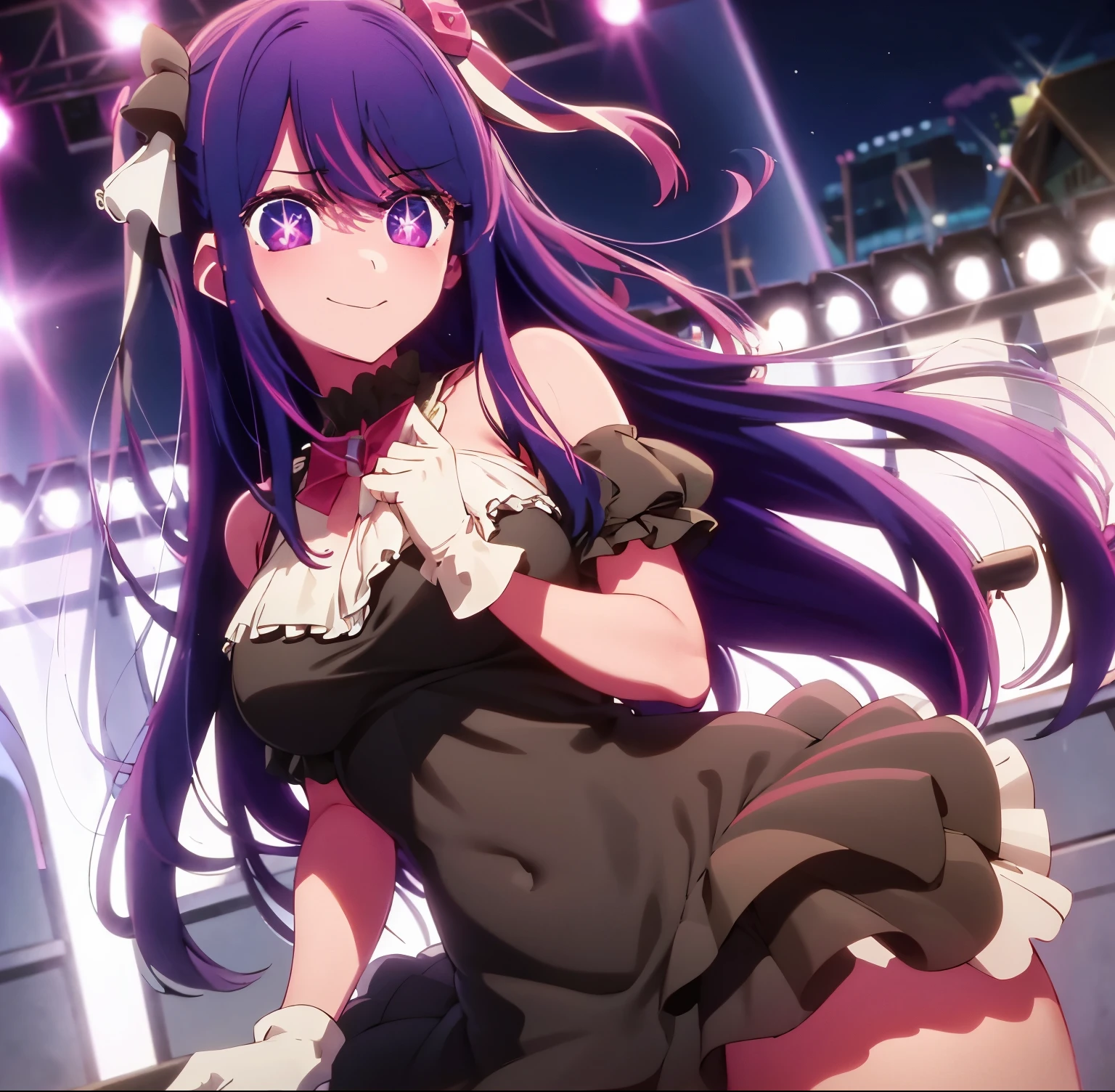 1 girl, alone, Ai Hoshino, Masterpiece, highly detailed, (1 girl in: 1.2), ultra detailed, sharp focus, detailed eyes, curvy body, cowboy shot, dynamic posture, looking at viewer, purple hair, long hair , Ai Hoshino, Ai Hoshino, hair between the eyes, hair decoration, hair band, long hair, One side up, (purple irises: 1.1), purple hair, rabbit hair decoration, (pupils in the shape of star:1.5), symbol-shaped pupils, brake strap, black ribbon, brooches, dress, pink dress, ruffled dress, ruffled gloves, ruffle, gloves, heart brooch, idol, idol clothes, jewelry, pink gloves, red ribbon, bow ribbon, high neck dress, neckline, hands on waist, big eye, hair between the eyes, hair ornament, hairband, smile, 8k, Ai hoshino, big breasts, medium waist, wide hips, wide thighs, thick round butt, outdoor, stage, concert, night, stage lighting , looking forward ,((focus on breasts)),pov(from enmedy), perfect ???????, perfect hands