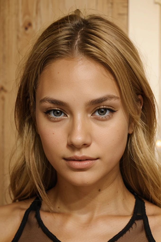 A woman with blonde hair, light brown eyes and tan skin, has a firm face.