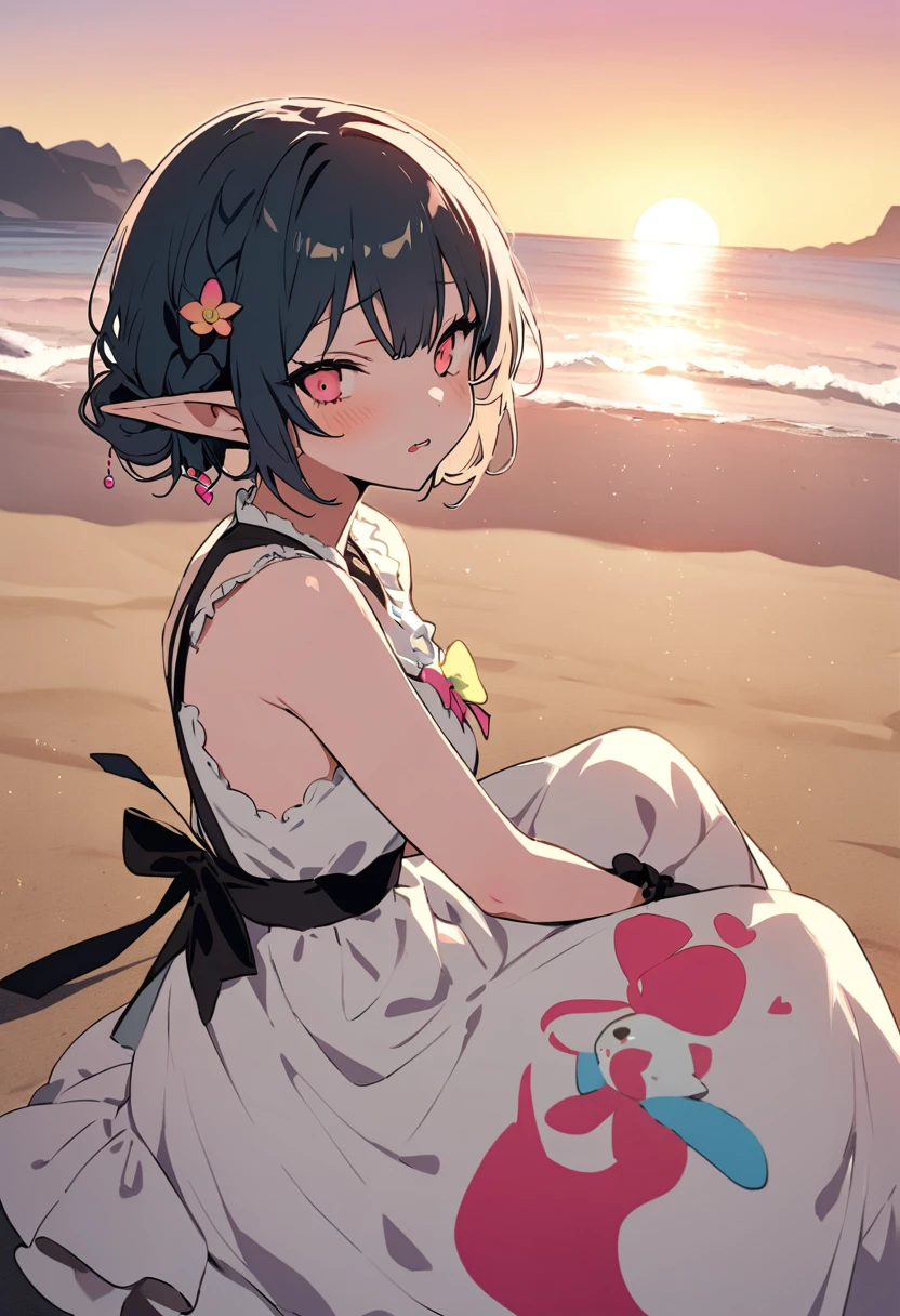 masterpiece, Highest quality, Illustration of the novel, High resolution, 18+ Adult content, Sensual, Intimate, Emotional, Passionate, romantic, sweet, Adorable, Innocent, Pure, charmな, charmな, charm, mysterious, charmな, charmな, Immersive, charmな, dream-like, Surreal, Imaginative, Whimsical, Artistic, Avant-garde, timeless, elegant, Sophisticated, chic, Sophisticated, Personality, original, charmな,(( Elf:1.3)),((A look of disgust:1.3))、Upper Body、(a bit),((Sunrise time/Sunrise time/Sunrise time:1.3))
