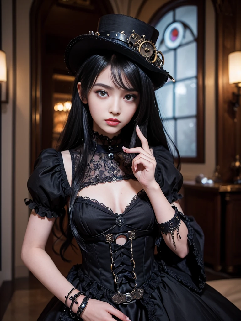 (((masterpiece, Highest quality, Super detailed))), (((1 Infinity Mage Girl))), , (((Highly detailed face))), Small, thin nose, A small, thin-lipped mouth, (((Very sharp focused eyes))), Very large slit-shaped, precise pale grey eyes, Shining like a jewel. Very long eyelashes, long black hair with black vertical curls,, with fringes, ((Steampunk fashion, Gothic Lolita Fashi
