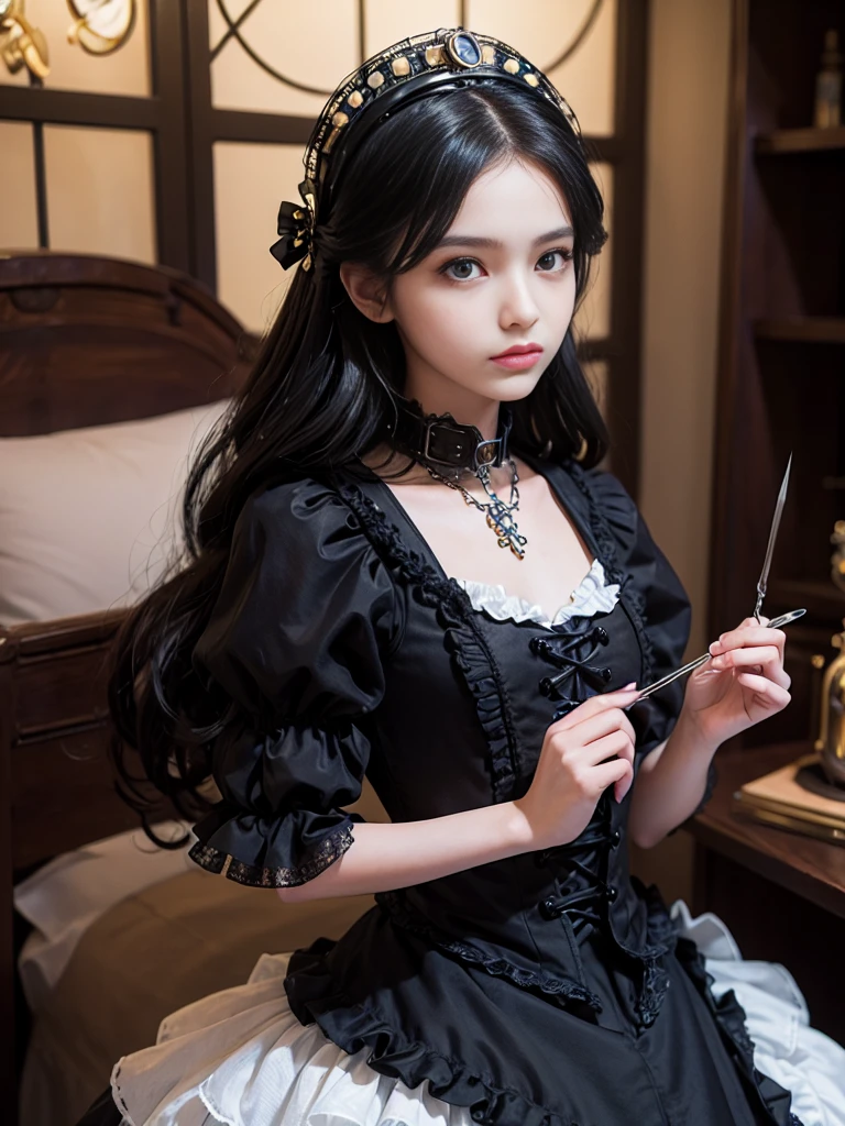 (((masterpiece, Highest quality, Super detailed))), (((1 Infinity Mage Girl))), 14 years old, (((Highly detailed face))), Small, thin nose, A small, thin-lipped mouth, (((Very sharp focused eyes))), Very large slit-shaped, precise pale grey eyes, Shining like a jewel. Very long eyelashes, long black hair with black vertical curls,, with fringes, ((Steampunk fashion, Gothic Lolita Fashion))