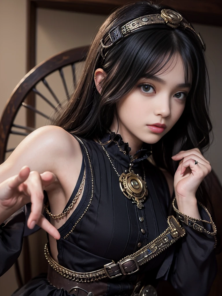 (((masterpiece, Highest quality, Super detailed))), (((1 Infinity Mage Girl))), 14 years old, (((Highly detailed face))), Small, thin nose, A small, thin-lipped mouth, (((Very sharp focused eyes))), Very large slit-shaped, precise pale grey eyes, Shining like a jewel. Very long eyelashes, long black hair with black vertical curls,, with fringes, ((Steampunk fashion, Gothic Lolita Fashion))
