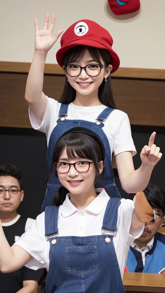 Dr. Slump Arale-chan、、Large black-rimmed glasses、The red hat has small feathers on either side.、Blue Overalls、Wearing a white shirt。She is greeting with a cheerful smile and her right hand raised.。In the background you can see Dr. Yamabuki's house in Penguin Village.。There is a garden in front of the house、The sky was clear and、The sunshine is warm。