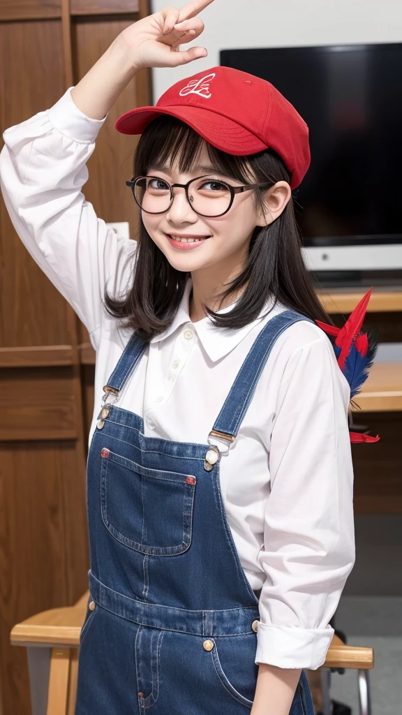 Dr. Slump Arale-chan、、Large black-rimmed glasses、The red hat has small feathers on either side.、Blue Overalls、Wearing a white shirt。She is greeting with a cheerful smile and her right hand raised.。In the background you can see Dr. Yamabuki&#39;s house in Penguin Village.。There is a garden in front of the house、The sky was clear and、The sunshine is warm。