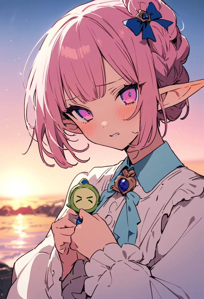 masterpiece, Highest quality, Illustration of the novel, High resolution, ??? Adult content, Sensual, Intimate, Emotional, Passionate, romantic, sweet, Adorable, Innocent, Pure, charmな, charmな, charm, mysterious, charmな, charmな, Immersive, charmな, dream-like, Surreal, Imaginative, Whimsical, Artistic, Avant-garde, timeless, elegant, Sophisticated, chic, Sophisticated, Personality, original, charmな,((Loli Elf:1.3)),((A look of disgust:1.3))、Upper Body、(a bit),((Sunrise time/Sunrise time/Sunrise time:1.3))