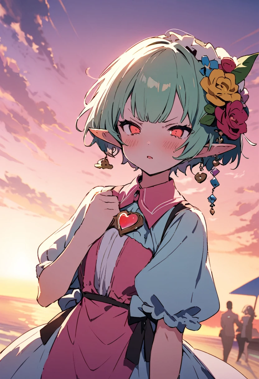 masterpiece, Highest quality, Illustration of the novel, High resolution, 18+ Adult content, Sensual, Intimate, Emotional, Passionate, romantic, sweet, Adorable, Innocent, Pure, charmな, charmな, charm, mysterious, charmな, charmな, Immersive, charmな, dream-like, Surreal, Imaginative, Whimsical, Artistic, Avant-garde, timeless, elegant, Sophisticated, chic, Sophisticated, Personality, original, charmな,((Loli Elf:1.3)),((A look of disgust:1.3))、Upper Body、(a bit),((Sunrise time/Sunrise time/Sunrise time:1.3))
