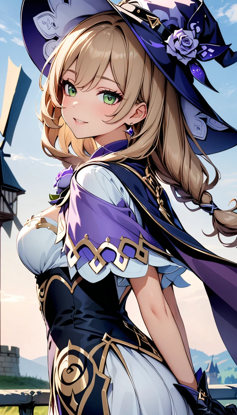 Beautiful girl, Perfect Face, Arms at your sides, masterpiece, Ultra-high resolution, high quality, 4K, Upper Body:1.5, Lisa (Genshin Impact), urple witch hat, Green Eyes, Brown Hair, bangs, dress, Rose, jewelry, witch, Capelet, Purple hat, Black gloves, Purple Flower, Hair between the eyes, purple Rose, Part your lips, purple Capelet, Hat Flower, multicolored dress, hair ornaments, windmill, From the side,